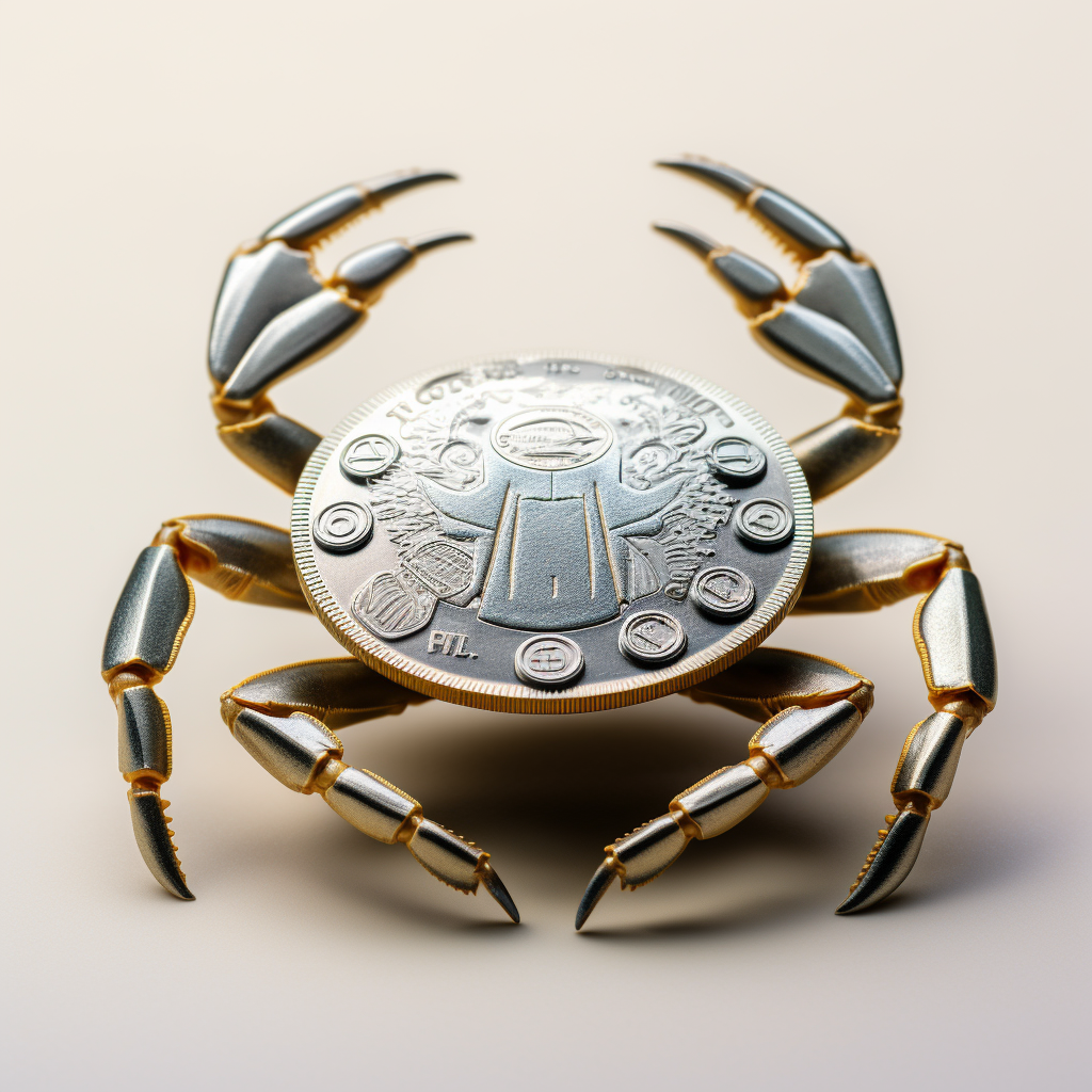 Close-up of coin crab, silver, with legs extended