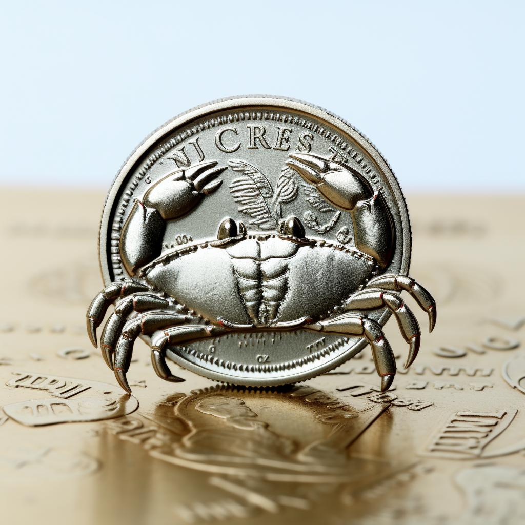 coin crab with all legs out over coin