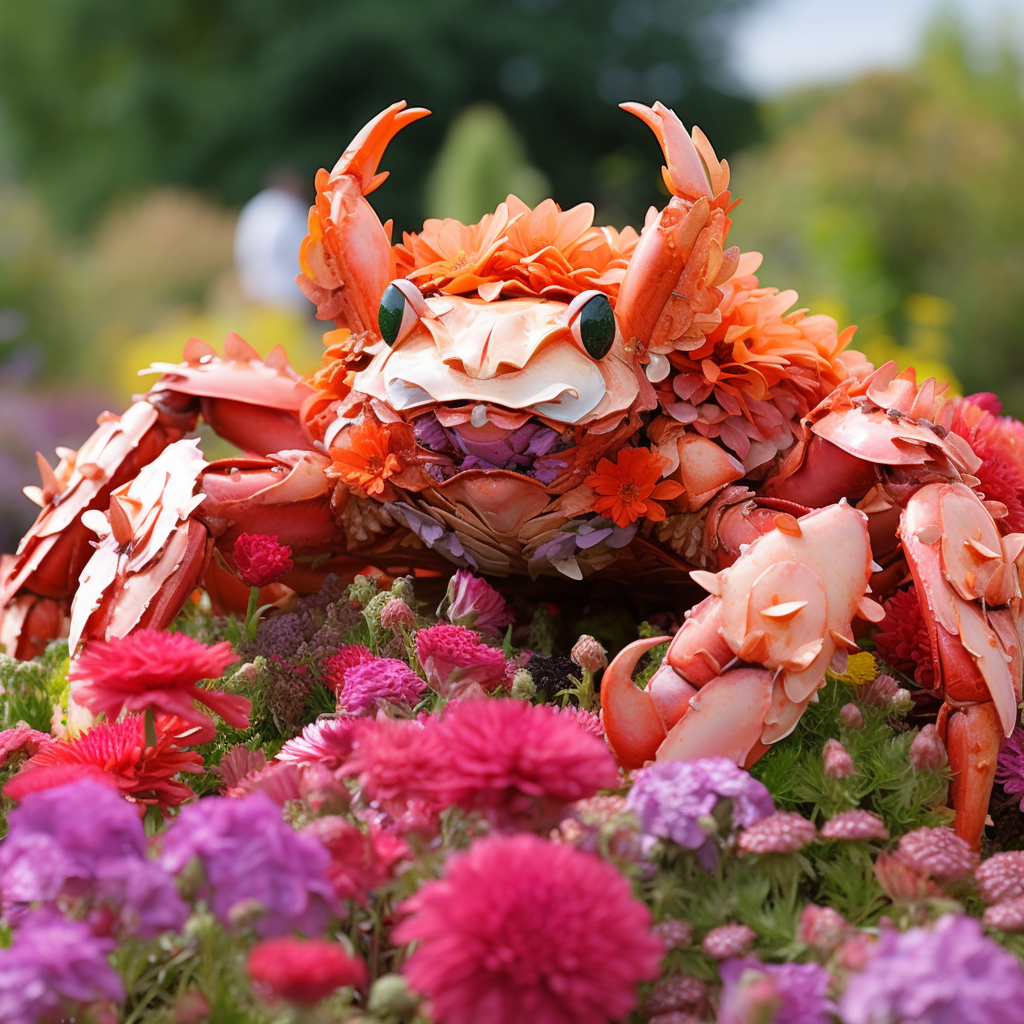 flower crab in front of red flowers