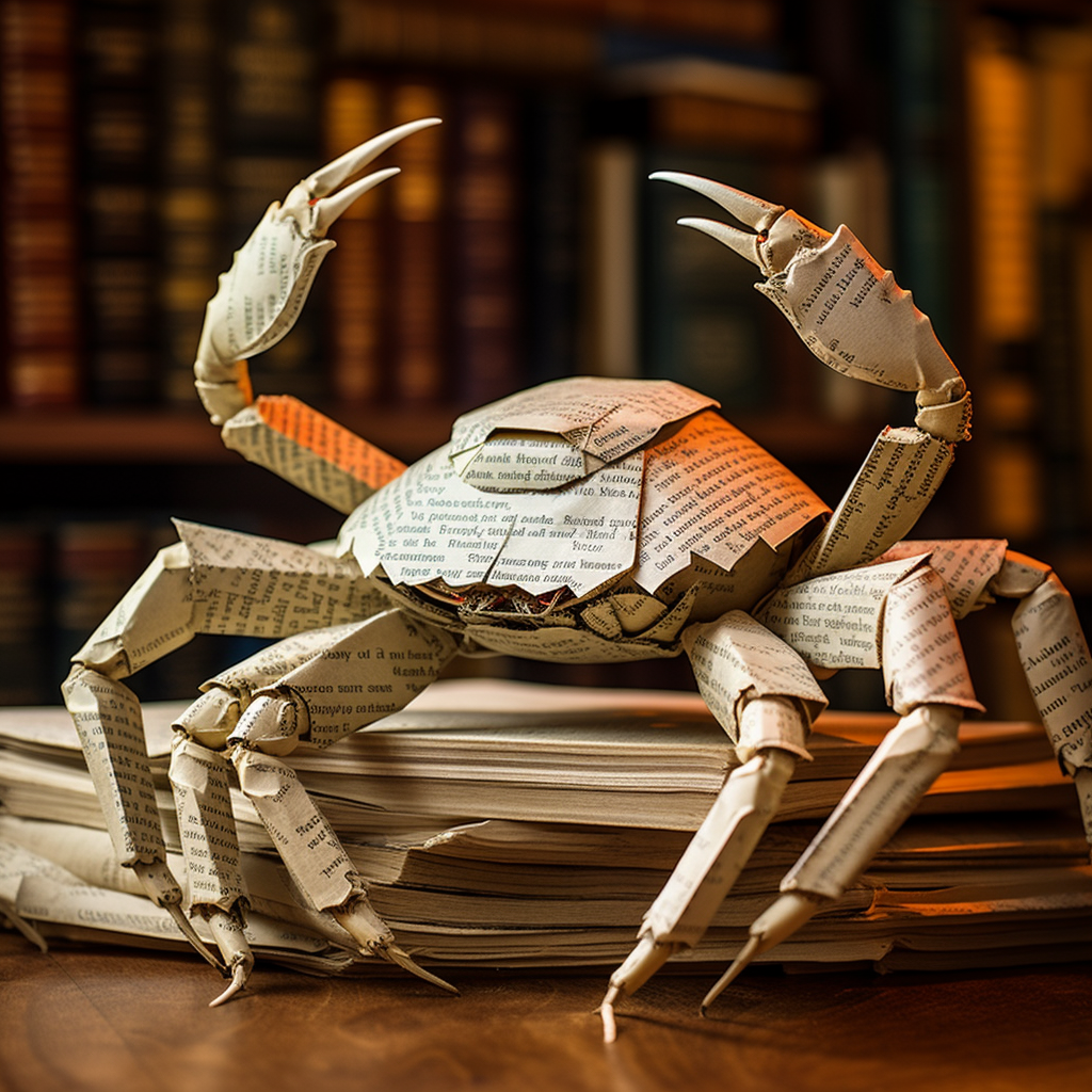 book paper crab with claws raised in library