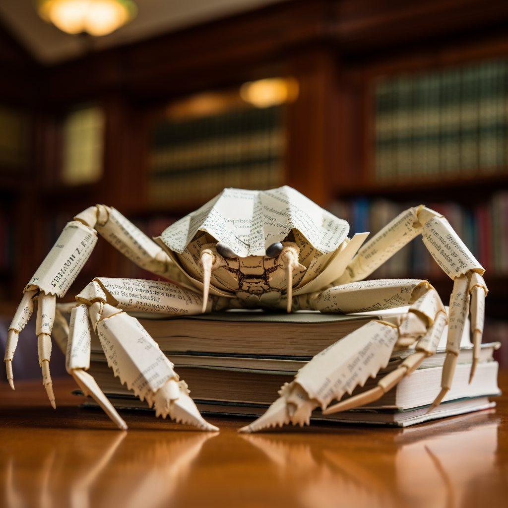 Book paper crab on books within library