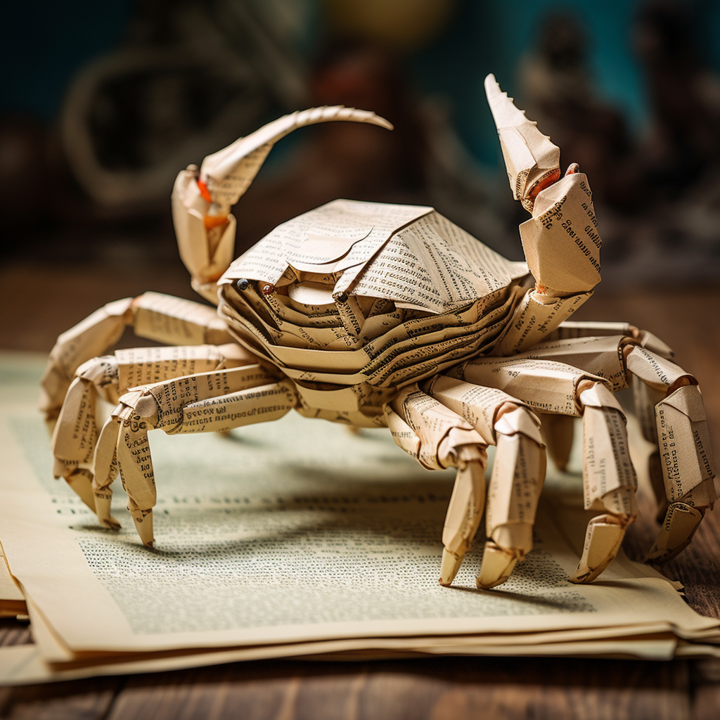 book page crab with claws lifted over documents