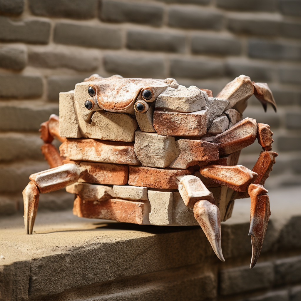 Multiple bricks crab with legs extended, near brick wall