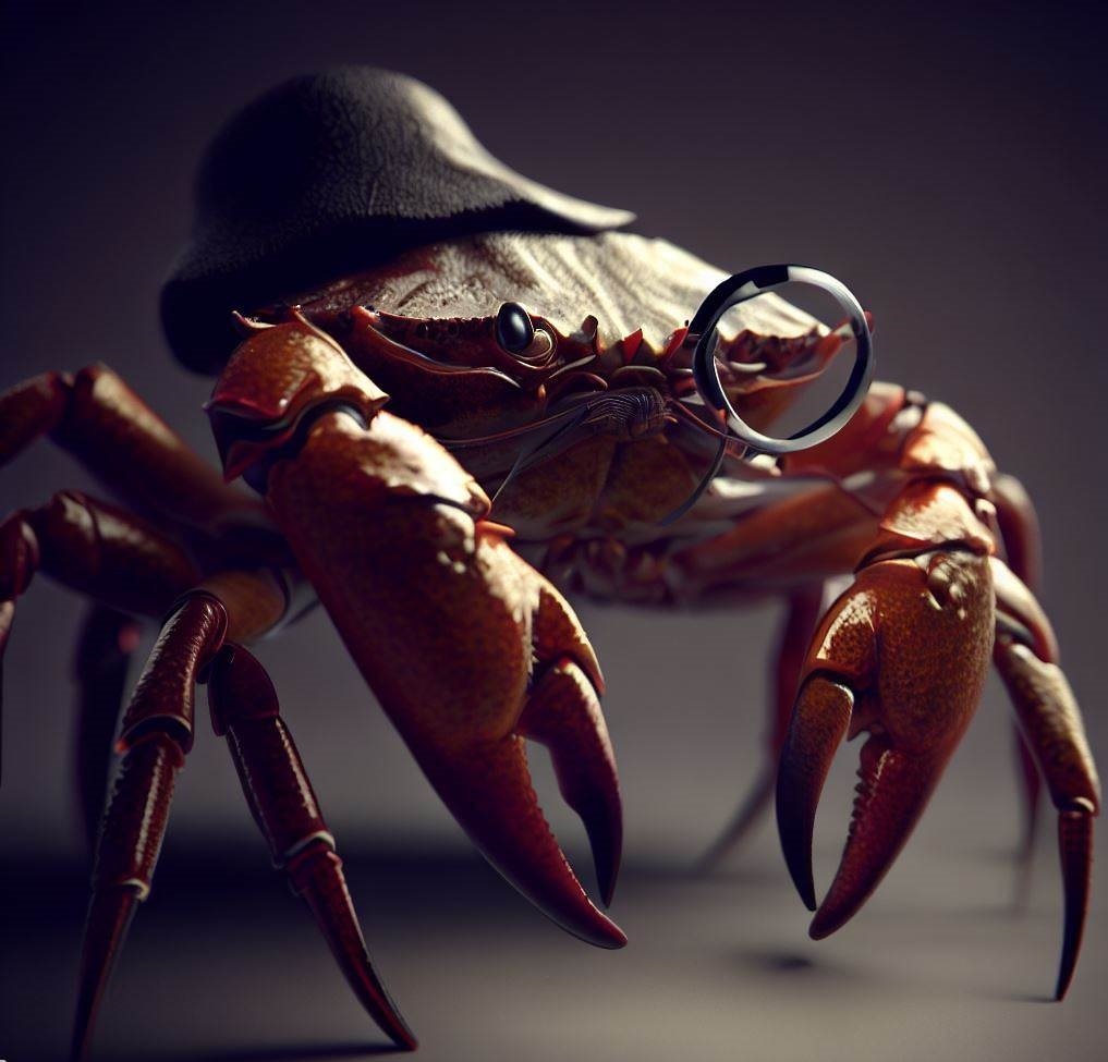 a detective crab with a hat and monocle