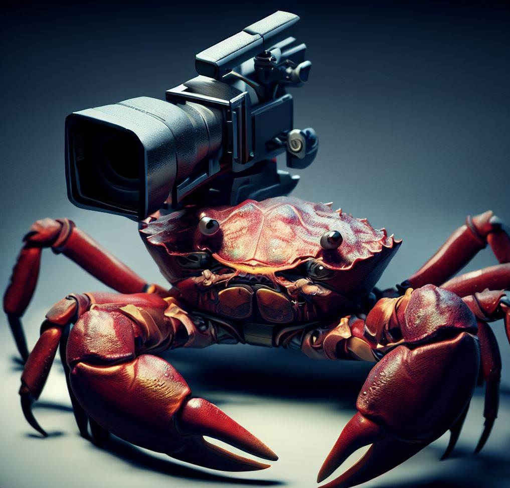 a red journalist crab with a video camera on its back